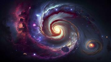 ein Aussicht von Raum zu ein Spiral- Galaxis und Sterne. Universum gefüllt mit Sterne, Nebel und Galaxis,. Elemente von diese Bild möbliert durch NASA, erzeugen ai foto