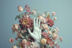 Mensch Hand mit Blumen, Pastell- Farben, auf Blau Hintergrund, 3d machen und Illustration, generieren ai foto