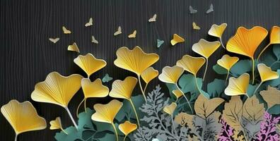 3d bunt Illustration von Ginkgo Blätter, Reh, und Blätter im dunkel Hintergrund. minimalistisch handgemalt Segeltuch Kunst Mauer Rahmen Dekor, generieren ai foto