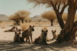 ein jung entdeckt Hyäne Welpe ruhen im das Schatten , generieren ai foto