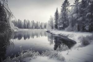 ein Winter Wunderland mit ein heiter und friedlich Atmosphäre. das Szene Vitrinen ein Winter Landschaft mit schneebedeckt Bäume und gefroren See. das Himmel ist gemalt im Licht Blau und Rosa Farbtöne. generativ ai foto