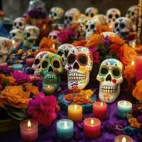 dia de los Muertos Schädel, Blumen Kerzen, Karneval bunt, Menge von Blume im das Hintergrund, generieren ai foto