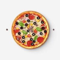 Pizza Italienisch Essen, eben legen Stil Weiß Hintergrund. ai generiert foto