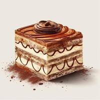 Tiramisu ist ein Italienisch Käsekuchen gekrönt mit Kakao Pulver. ai generiert foto