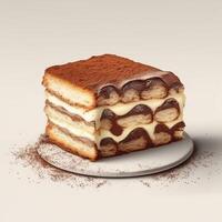 Tiramisu ist ein Italienisch Käsekuchen gekrönt mit Kakao Pulver. ai generiert foto