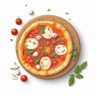 Pizza Margherita von Tomaten, Mozzarella Käse, frisch Basilikum, Salz- und Olive Öl. ai generiert. foto