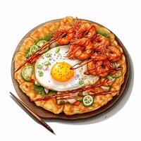 Hämul pajeon knackig und Füllung, Koreanisch Pfannkuchen Meeresfrüchte, ai generiert foto