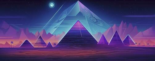 retro Pyramiden auf 80er Jahre Synthwave Neon- Landschaft mit glühend Sonne - - abstrakt Hintergrund Textur, generieren ai foto