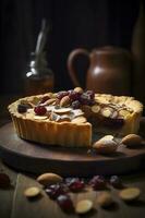 Vorderseite Aussicht köstlich fruchtig Kuchen mit Gelee auf ein dunkel Hintergrund Keks Süss Kuchen Ofen Dessert backen Teig Zucker Kuchen, generieren ai foto