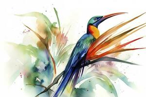 ein Vogel von Paradies Anzeigen es ist bunt Gefieder Aquarell malen, schön natürlich Formen, knackig sauber Formen, bunt, Weiß Hintergrund, generieren ai foto