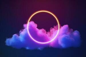 3d machen, abstrakt Wolke beleuchtet mit Neon- Licht Ring auf dunkel Nacht Himmel. glühend geometrisch Form, runden rahmen, generieren ai foto
