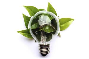 umweltfreundlich die Glühbirne von frisch Blätter oben Sicht, Konzept von verlängerbar Energie und nachhaltig Leben, erstellt mit generativ ai Technologie foto