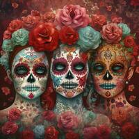 Tag von das tot Schädel. dia de los Muertos. Tag von das tot und Mexikaner Halloween Hintergrund. Mexikaner Tradition Festival. Tag von das tot Zucker Schädel. dia de los Muertos, generieren ai foto