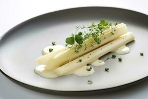 modern Stil traditionell gedämpft Weiß Spargel mit geheilt Schinken und Hollandaise Soße serviert wie oben Aussicht auf ein nordisch Design Teller mit Kopieren Raum, generieren ai foto