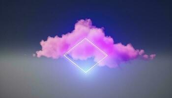 3d machen, abstrakt minimal Hintergrund mit Rosa Blau Gelb Neon- Licht Platz Rahmen mit Kopieren Raum, beleuchtet stürmisch Wolken, glühend geometrisch Form, generieren ai foto