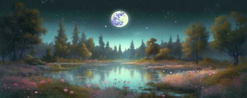 Nacht Landschaft Umgebung Ernte Mond Über ein glänzend See üppig Vegetation Birkenholz Bäume, Blumen, magisch Galaxis. 3d Zeichnung Digital Kunst, generieren ai foto