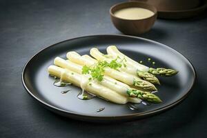 modern Stil traditionell gedämpft Weiß Spargel mit geheilt Schinken und Hollandaise Soße serviert wie oben Aussicht auf ein nordisch Design Teller mit Kopieren Raum, generieren ai foto