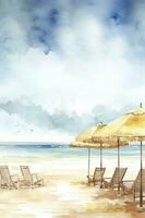 schön Strand Banner. Weiß Sand, Stühle, und Regenschirm Reise Tourismus breit Panorama Hintergrund Konzept. tolle Strand Aquarell Landschaft Aquarell malen, generieren ai foto