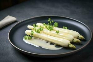 modern Stil traditionell gedämpft Weiß Spargel mit geheilt Schinken und Hollandaise Soße serviert wie oben Aussicht auf ein nordisch Design Teller mit Kopieren Raum, generieren ai foto