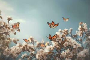 Frühling Banner, Geäst von blühen Kirsche gegen das Hintergrund von Blau Himmel, und Schmetterlinge auf Natur draußen. Rosa Sakura Blumen, verträumt romantisch Bild Frühling, Landschaft Panorama, generieren ai foto