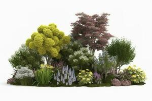 schön Garten Pflanzen, Blume und Bäume isoliert auf transparent Hintergrund. 3d machen. , generieren ai foto