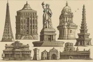 grafisch Jahrgang einstellen von Festungen von Krim , Sepia Hintergrund, Vektor Illustration , generieren ai foto