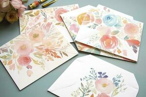 erstellen ein einstellen von Aquarell Blumen- gemustert Schreibwaren Das beinhaltet Karteikarten, Umschläge, und Briefköpfe, generieren ai foto