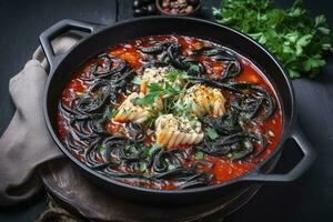 traditionell Italienisch Spaghetti al Nero di seppia mit Tintenfisch Tinte im Tomate Soße serviert wie Nahansicht im ein Gusseisen schwenken auf ein hölzern Planke, generieren ai foto