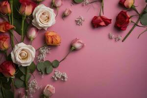 Rosen Blume Anordnung, Kopieren Raum, eben legen , generieren ai foto
