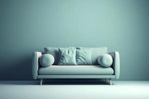 Sanft Blau Sofa auf ein Blau Hintergrund, 3d Illustration, modern minimalistisch Leben Zimmer Innere Detail. Gemütlichkeit, Sozial Medien und Verkauf Konzept, kreativ Werbung Idee, ai generiert Bild. foto