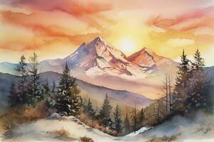 Farbe ein Aquarell Landschaft von ein Berg Angebot mit schneebedeckt Spitzen, mit ein beschwingt Sonnenuntergang Himmel und kompliziert Einzelheiten von Felsen und Bäume, generieren ai foto