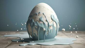 Weiß Ei mit Blau gefrostet Welt, im das Stil von tropfen malen, schmelzen Töpfe, Mike campau, Erde Ton Farbe Palette, Oktan machen, matschig, geformt Leinwand, generieren ai foto