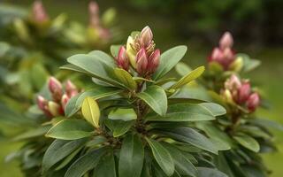 Rhododendron oder rosebay Blätter und Knospen bereit zu öffnen im Frühling Garten, Nahaufnahme. Ericaceae immergrün Strauch, giftig Blätter. Azalee, dekorativ Sträucher, generieren ai foto