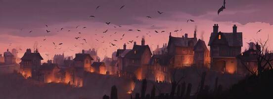 3d Illustration Grusel Schloss Hintergrund mit Friedhof im Halloween Nacht, generieren ai foto