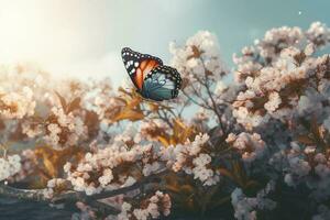 Frühling Banner, Geäst von blühen Kirsche gegen das Hintergrund von Blau Himmel, und Schmetterlinge auf Natur draußen. Rosa Sakura Blumen, verträumt romantisch Bild Frühling, Landschaft Panorama, generieren ai foto