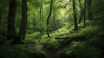 Erde Tag und Welt Umgebung Tag, Frühling, schön natürlich grün Grün Wald im Sommer, generieren ai foto