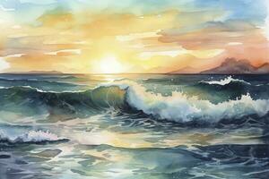 Aquarell Gemälde von ein Küsten Szene, einschließlich rollen Wellen, sandig Strände, und ein bunt Himmel beim Sonnenaufgang oder Sonnenuntergang, generieren ai foto