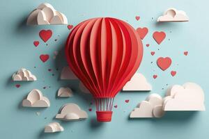 Papier Schnitt Stil, Valentinstag Tag mit Herz Ballon und Liebe, generativ ai foto