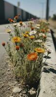 etwas Blumen sind gefüttert oben auf das Seite von ein Straße, im das Stil von brutalistisch, Ente Kern, Stelle Dosierung, Beton, orange, Prärie Kern, recycelt, generieren ai foto