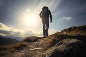 Wanderer geht gegen Himmel und Sonne. Wandern Konzept erstellt mit generativ ai Technologie foto