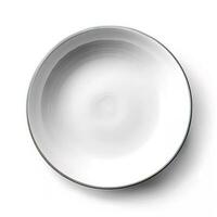 leeren Keramik runden Teller isoliert auf Weiß Hintergrund. Aussicht von über, generieren ai foto