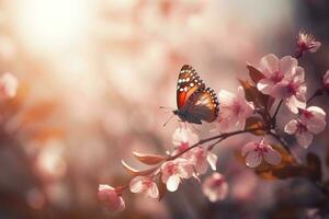 Frühling Banner, Geäst von blühen Kirsche gegen das Hintergrund von Blau Himmel, und Schmetterlinge auf Natur draußen. Rosa Sakura Blumen, verträumt romantisch Bild Frühling, Landschaft Panorama, generieren ai foto