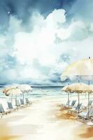 schön Strand Banner. Weiß Sand, Stühle, und Regenschirm Reise Tourismus breit Panorama Hintergrund Konzept. tolle Strand Aquarell Landschaft Aquarell malen, generieren ai foto