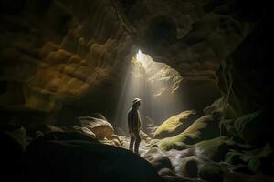 Abenteurer im ein Höhle, generieren ai foto