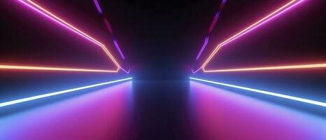 3d Wiedergabe, gerundet Rosa Blau Neon- Linien, glühend im das dunkel. abstrakt minimalistisch geometrisch Hintergrund. ultraviolett Spektrum. Cyber Raum. futuristisch Hintergrund, generieren ai foto