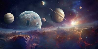 Raum Hintergrund Banner Hintergrund. atemberaubend Aussicht von ein kosmisch Galaxis mit Planeten und Raum Objekte. Elemente von diese Bild möbliert durch NASA, generieren ai foto