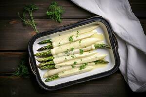 traditionell gedämpft Weiß Spargel mit Hollandaise Soße und Kräuter wie ein oben Aussicht im ein Emaille Tablett auf ein alt Holz Tabelle mit Kopieren Raum auf das Rechts, generieren ai foto