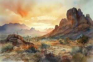 Farbe ein Aquarell Landschaft von ein Wüste Szene mit hoch aufragend Felsen Formationen, kompliziert Kakteen, und ein dramatisch Sonnenuntergang Himmel, generieren ai foto