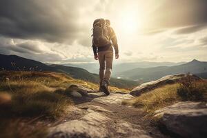 Wanderer geht gegen Himmel und Sonne. Wandern Konzept erstellt mit generativ ai Technologie foto