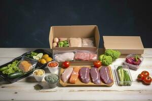 Box mit verpackt Fleisch und Gemüse auf Küche Hintergrund. Essen Lieferung Dienstleistungen während das Coronavirus Pandemie und Sozial Distanzierung. Einkaufen online. Abendessen Lieferung Service, generieren ai foto